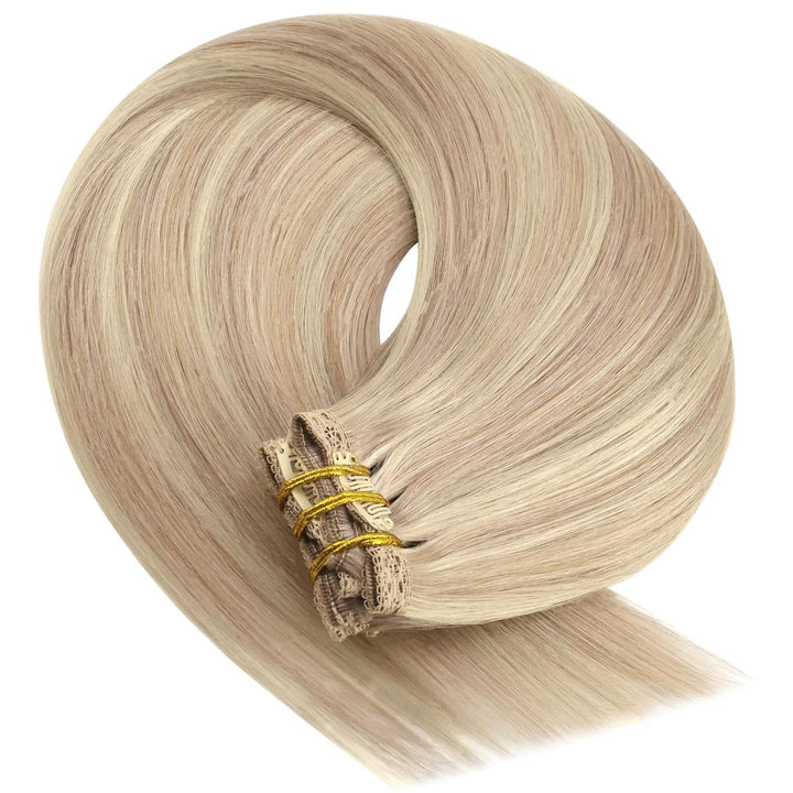 YoungSee Echthaar Extensions Clip Blond Doppelt Tressen Clip in Extensions Echthaar Aschblond mit Pl