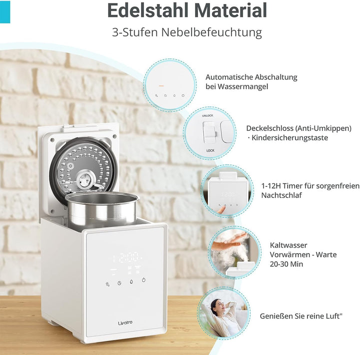 Luftbefeuchter Schlafzimmer Top-Fill, 3L Edelstahl Warmnebel Luftbefeuchter, Reduziert 99,97% der Ba