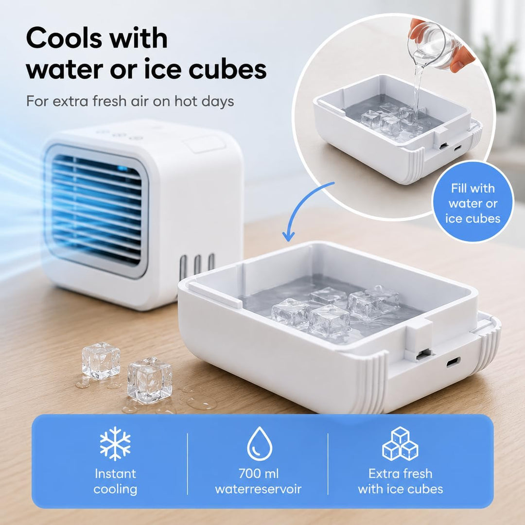 Silvergear® Mobile Klimaanlage | Mini Luftkühler | Kühlt mit Wasser oder Eiswürfeln | 3 Gebläsestufe