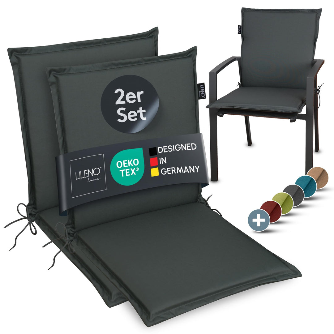 LILENO HOME Gartenstuhl Auflagen [2er Set - Niedriglehner] in Anthrazit - Bequeme Liegen als Sitzauf
