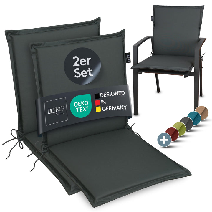 LILENO HOME Gartenstuhl Auflagen [2er Set - Niedriglehner] in Anthrazit - Bequeme Liegen als Sitzauf