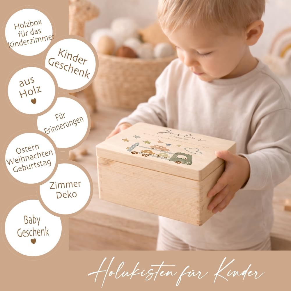Manufaktur Liebevoll Personalisierte Holzkiste mit Name – Erinnerungskiste Junge mit Auto Motiv – Ba