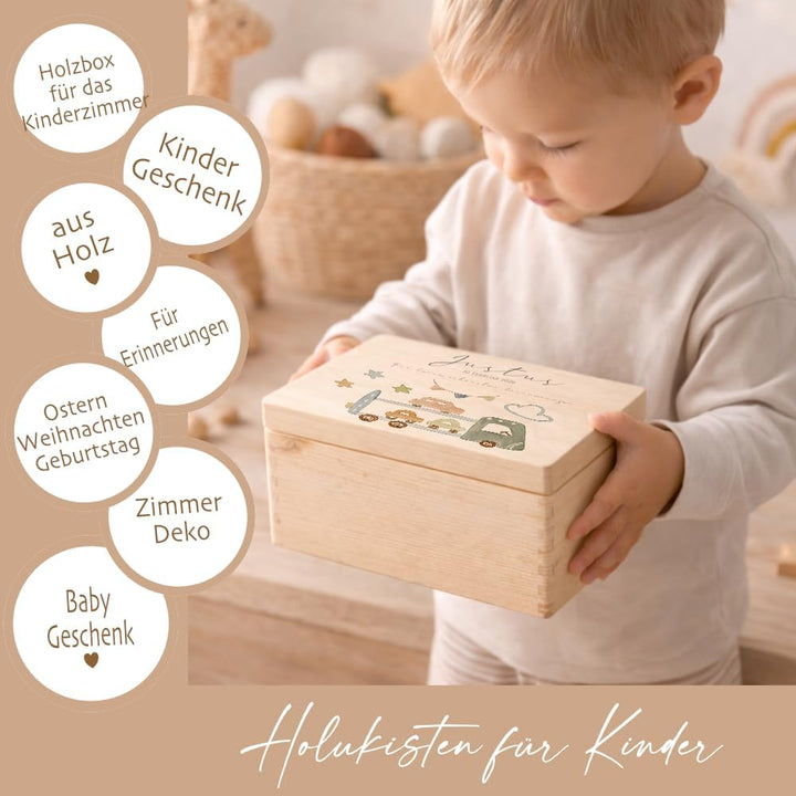 Manufaktur Liebevoll Personalisierte Holzkiste mit Name – Erinnerungskiste Junge mit Auto Motiv – Ba