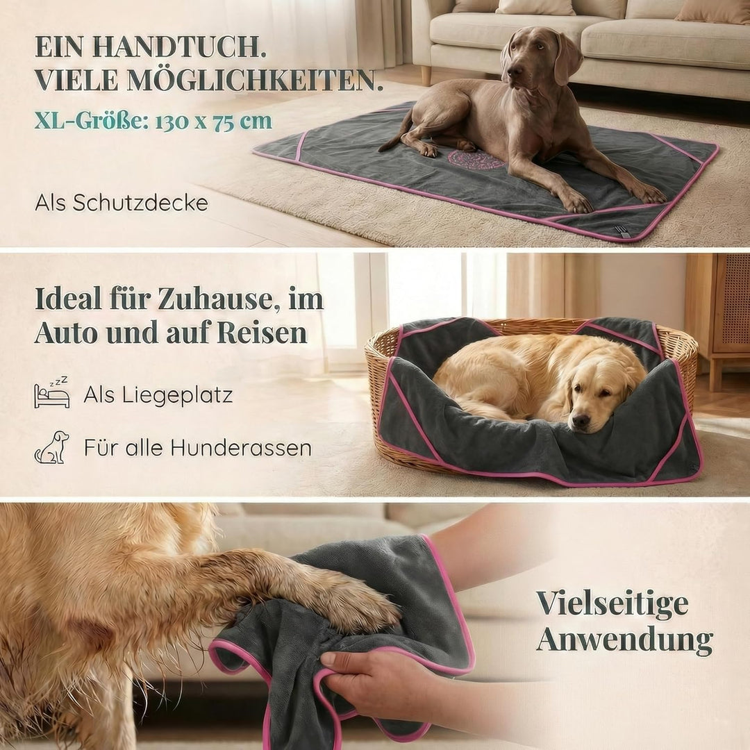 HUND IST KÖNIG Hundehandtuch extra saugfähig - Hunde Handtuch saugstark aus Mikrofaser mit 4 Eingrif