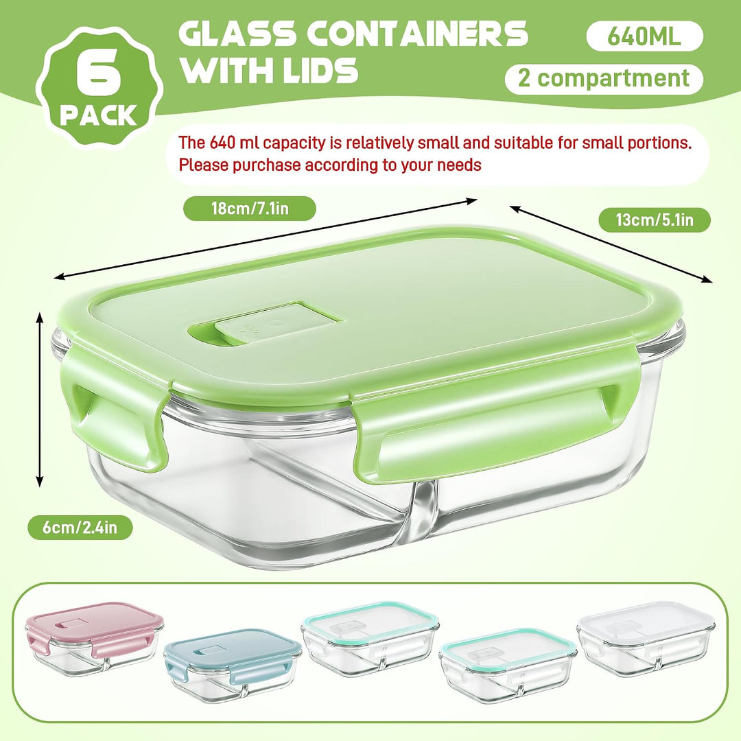 Zocipro 6 Stück Meal Prep Boxen Glas mit Deckel mit 2 Fächern 640ml | Leckproof/Leckfest Frischhalte
