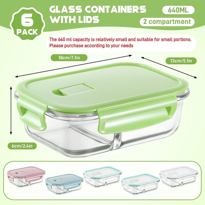 Zocipro 6 Stück Meal Prep Boxen Glas mit Deckel mit 2 Fächern 640ml | Leckproof/Leckfest Frischhalte