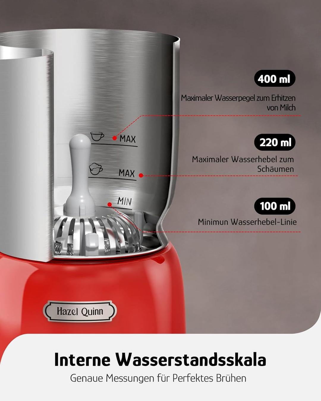 Hazel Quinn Milchaufschäumer 5-in-1 Funktionalität, 450 ml für Milchschaum heiss und kalt, heisse Sc