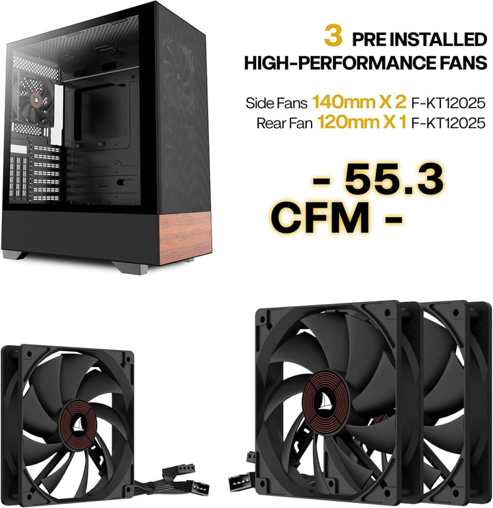 KEDIERS PC Gehäuse ATX Tower Gaming Computergehäuse mit gehärtetem Glas (schwarz + 3-Lüfter NO-LED),