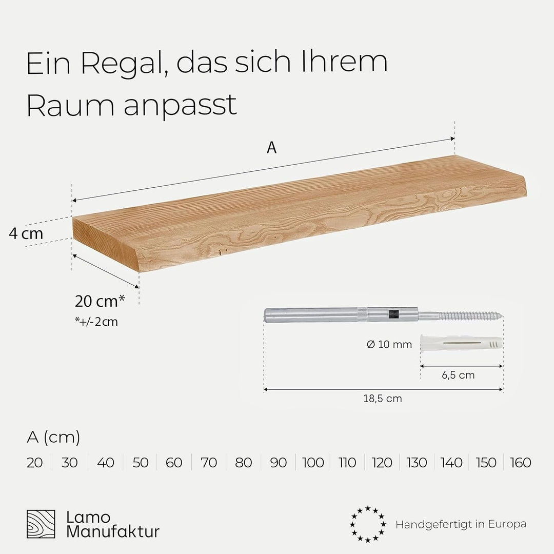 LAMO Schweberegal Holz 20 cm breit Farbe: Nussbaum, Kante: natürlich | Mit unsichtbarer Befestigung