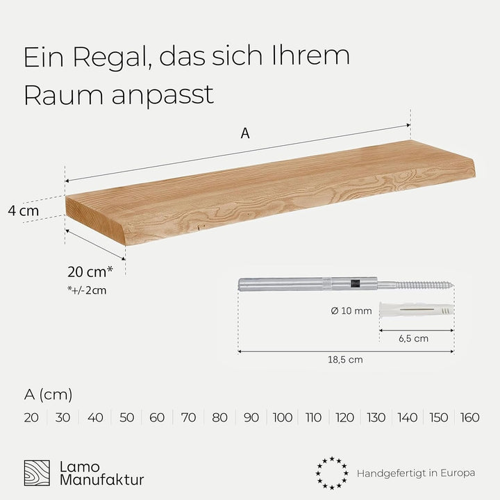 LAMO Schweberegal Holz 20 cm breit Farbe: Nussbaum, Kante: natürlich | Mit unsichtbarer Befestigung