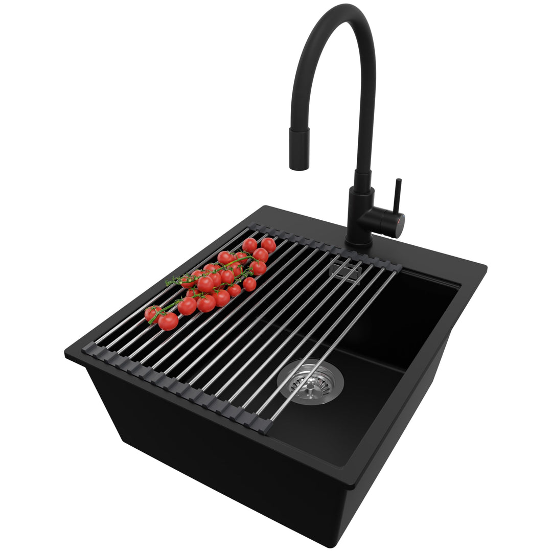 PRIMAGRAN Granitspüle Schwarz 43x50cm, Spülbecken 1 Becken + Küchenarmatur 40x38cm + Zuberhor-Set, K