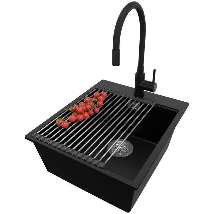 PRIMAGRAN Granitspüle Schwarz 43x50cm, Spülbecken 1 Becken + Küchenarmatur 40x38cm + Zuberhor-Set, K