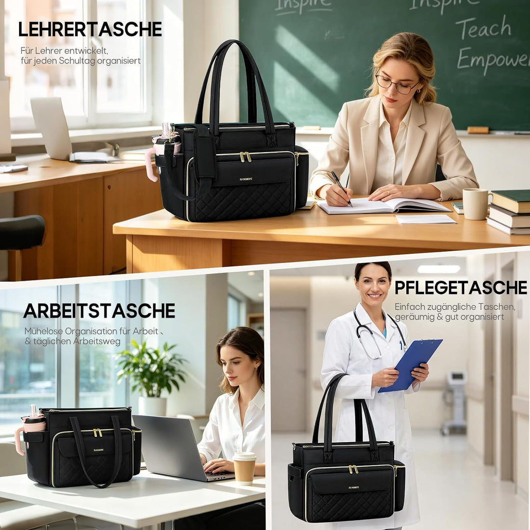 RAINSMORE Lehrertasche Damen Gross Laptoptasche, 15,6 Zoll, Schwarz | Arbeitstasche Isolierfach und