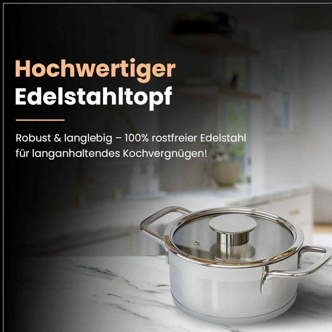 GRANA HOME Induktions Kochtopf aus 100% Edelstahl mit Deckel aus Glas mit Dampfloch, Bratentopf für