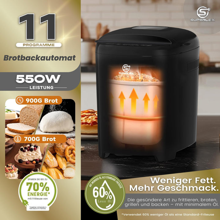 Brotbackautomat 550W Bread Maker Machine Brotbackautomaten mit 11 Programme 2 Grössen 700g 900g LCD