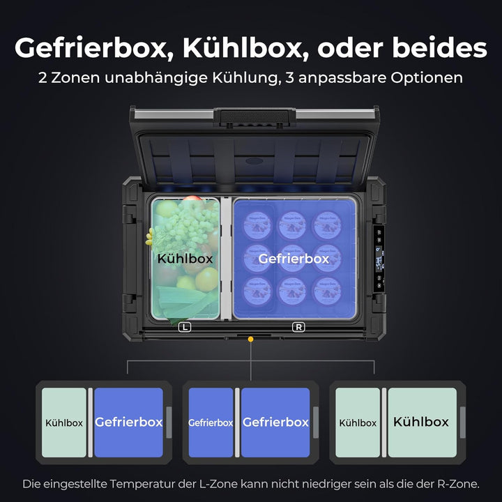 BougeRV Rocky2 65L Auto Kühlbox 12V 230V mit 5,7cc Kompressor Kühlbox Dual Zone mit Gefrierfach APP-