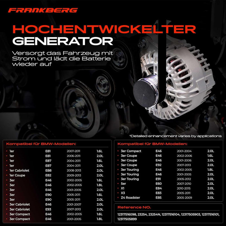 Frankberg Alternator Lichtmaschine Generator Kompatibel mit E81 E87 116i 118i 120i 2004-2011 E82 E88