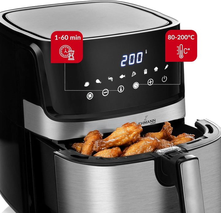 LEHMANN Heissluftfritteuse XL 6,5L, 8 Programme, Grosse Metallkammer, Digitales Display, Timer, Anti