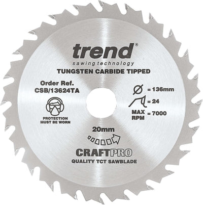 Trend CraftPro Sägeblatt - 136mm Durchmesser x 20mm Bohrung x 24 Zähne TCT für Akku-Sägen, CSB/13624