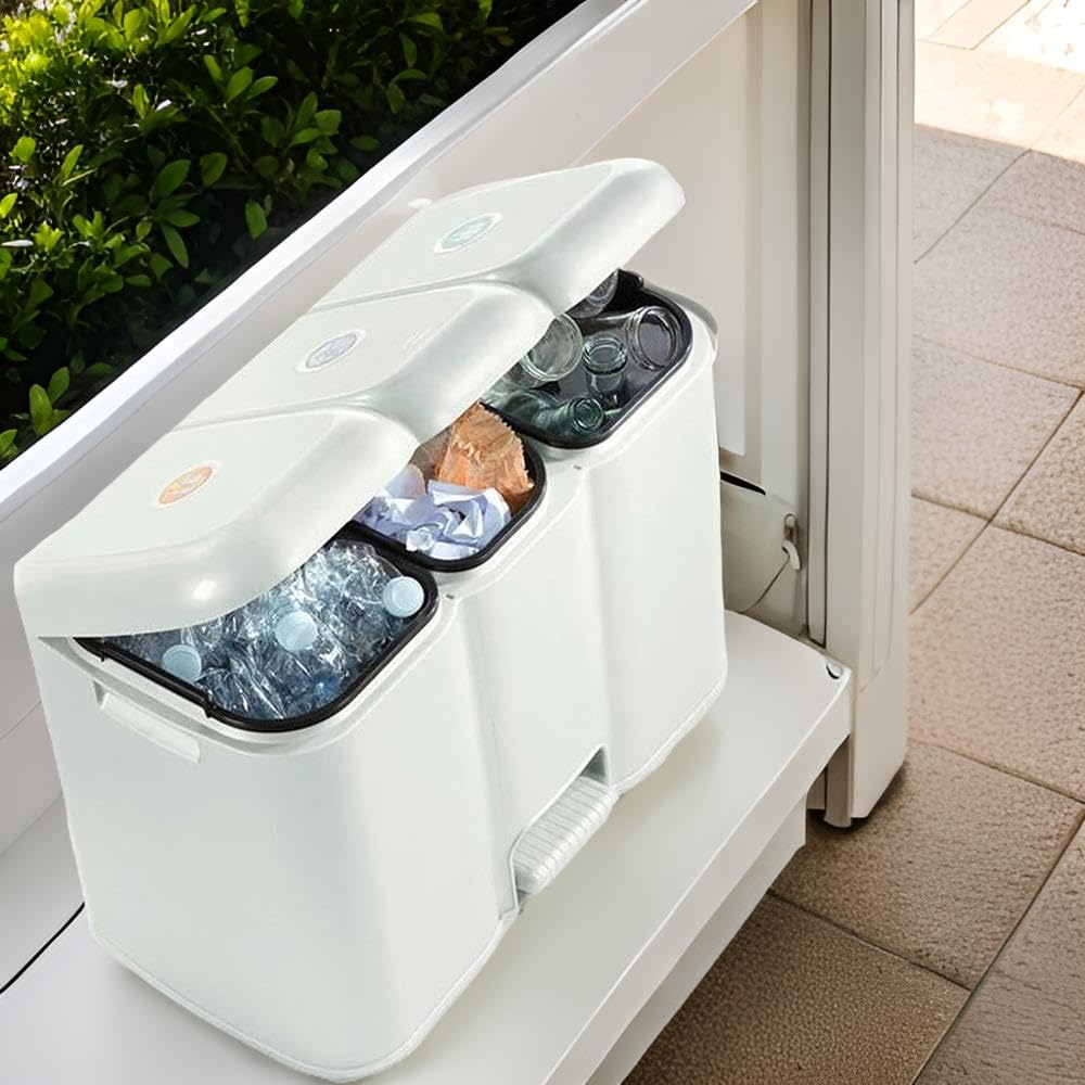 Buystar Mülleimer für Mülltrennung, weiss, 13 + 8 + 13 Liter, einzigartige Struktur mit Pedal und he