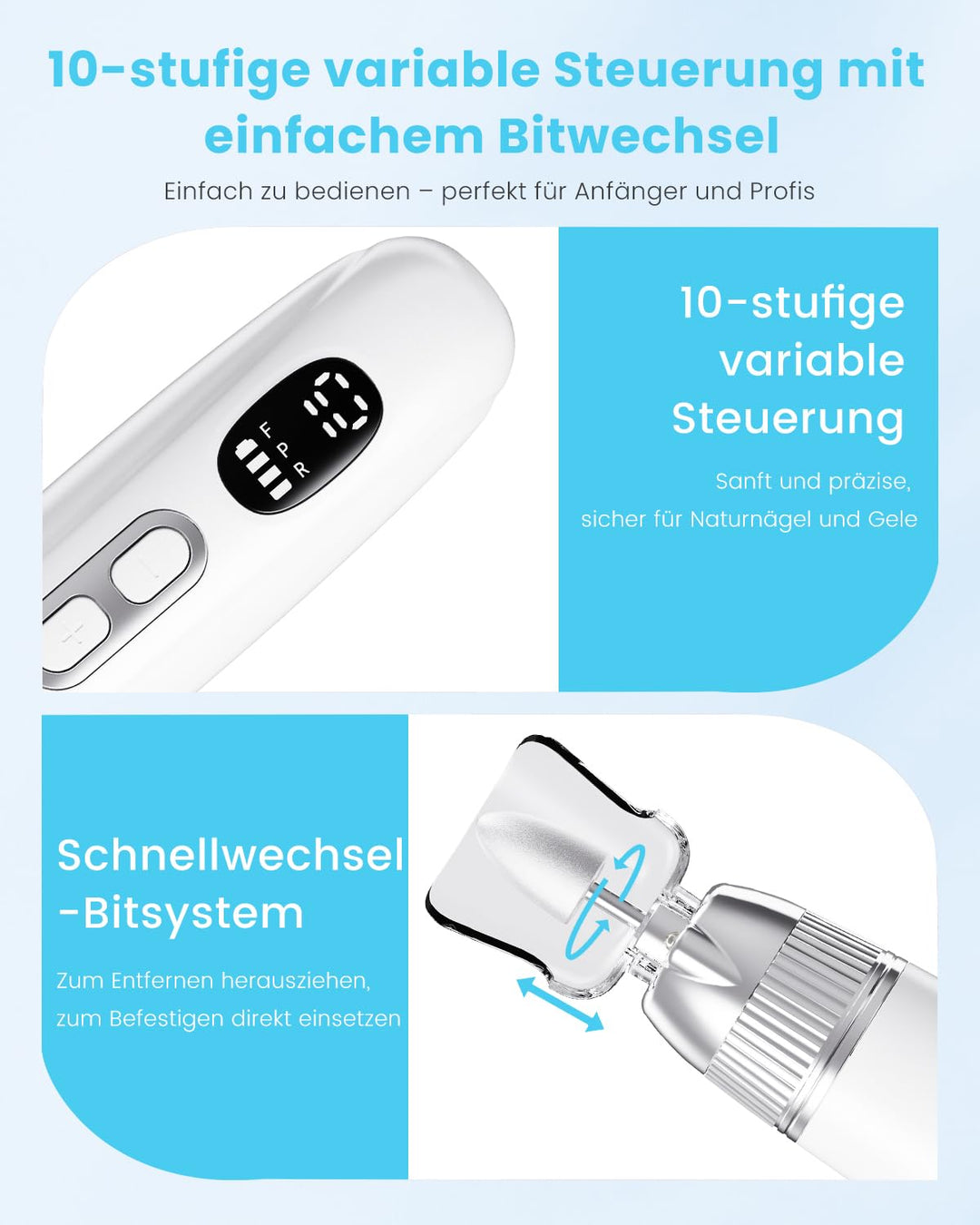 CozyZen Profi-Elektrische Nagelfräse, Akku-Nagelbohrer mit 10 Geschwindigkeiten & LED-Leuchte - Port