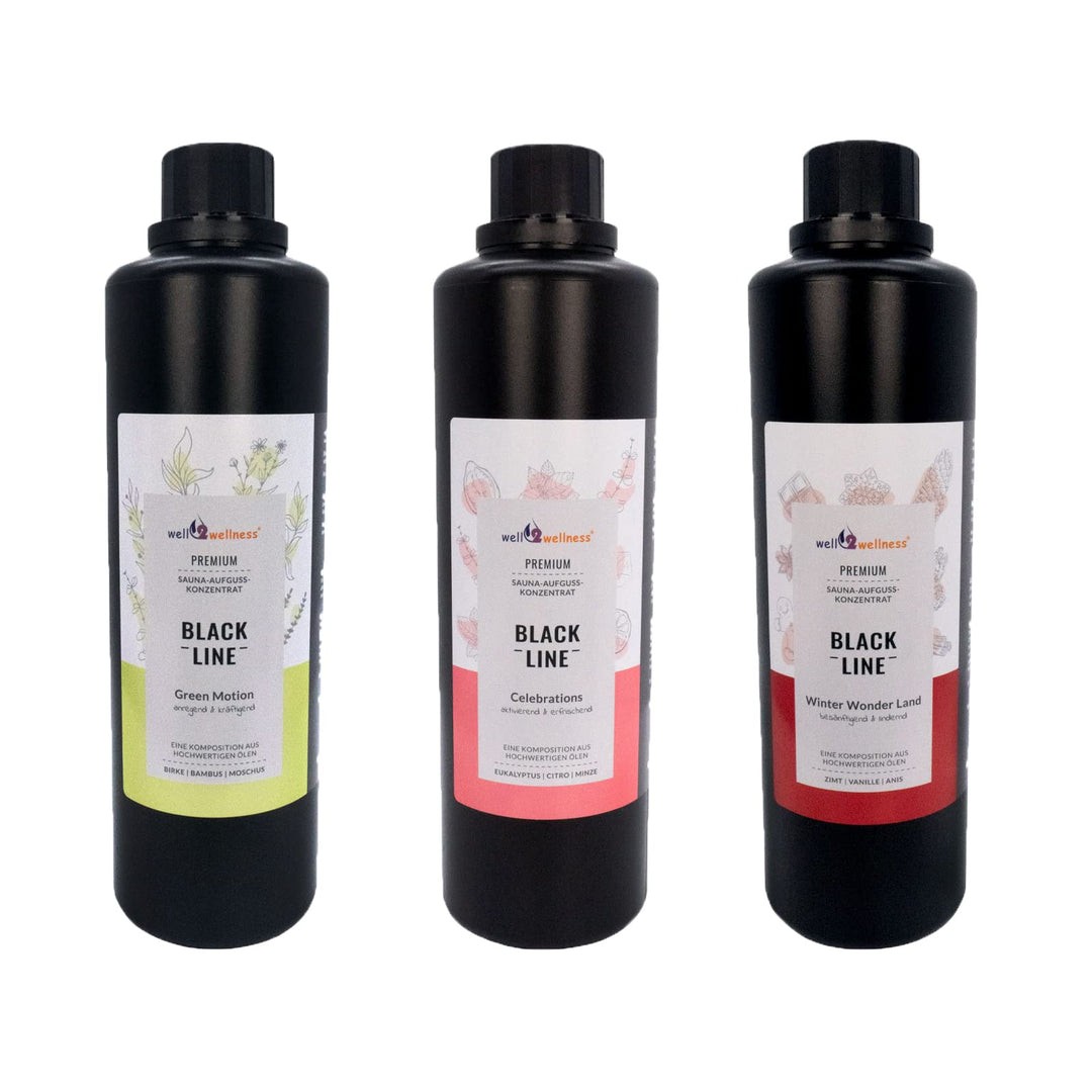 Black Line Saunaaufguss Saunaduft Geschenkset 3 x 500 ml mit Green Motion, Winter Wonderland, Celebr