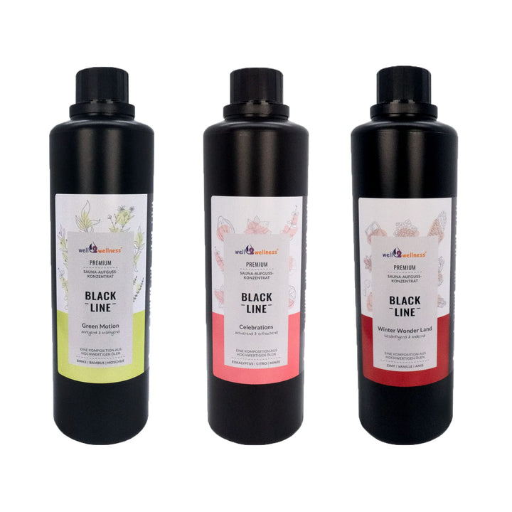 Black Line Saunaaufguss Saunaduft Geschenkset 3 x 500 ml mit Green Motion, Winter Wonderland, Celebr