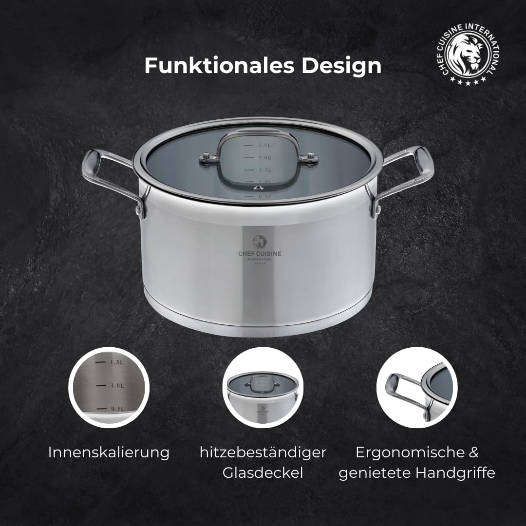 CHEF CUISINE Topfset, 3-tlg., Ø 16/20/24 cm, Glasdeckel, Gratis Topf-Untersetzer, Edelstahl, Alumini