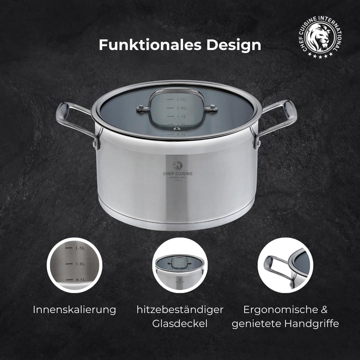 CHEF CUISINE Topfset, 3-tlg., Ø 16/20/24 cm, Glasdeckel, Gratis Topf-Untersetzer, Edelstahl, Alumini