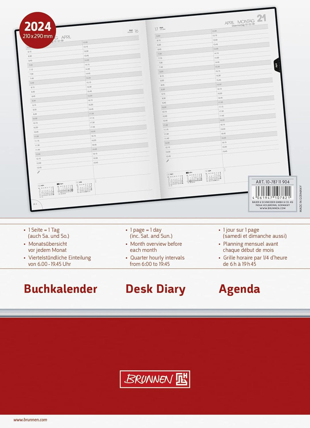 BRUNNEN Tageskalender Modell 787 2024 1 Seite = 1 Tag A4 schwarz
