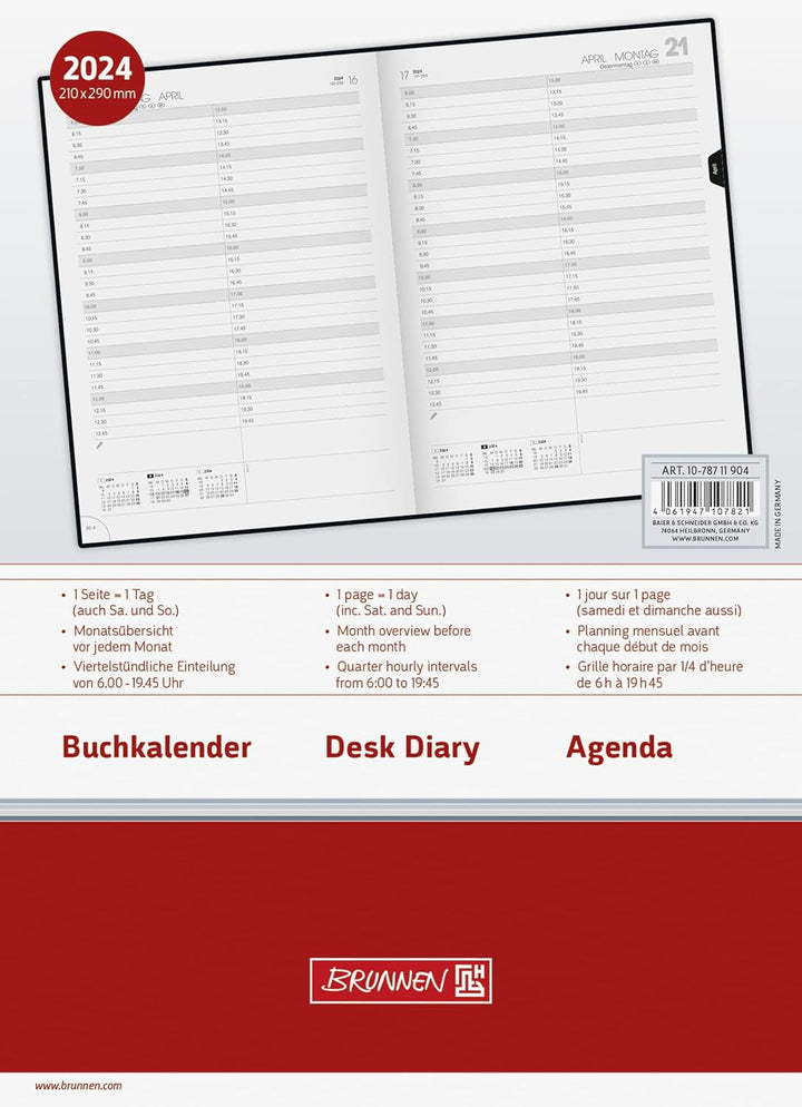 BRUNNEN Tageskalender Modell 787 2024 1 Seite = 1 Tag A4 schwarz