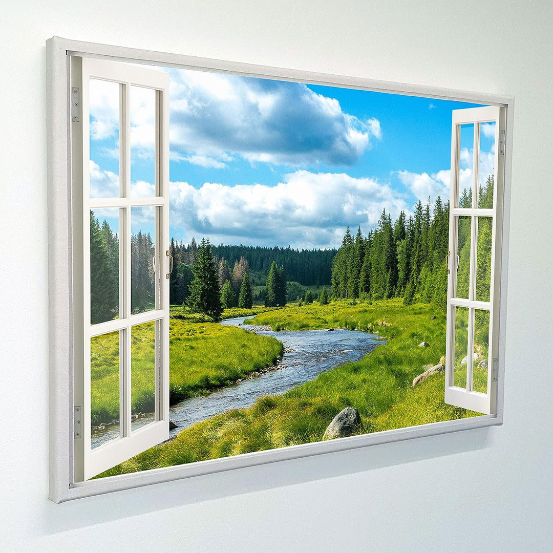 Leinwandbild mit Fensterblick – Berge und Fluss 60 x 40 cm - Keilrahmen mit Druck, Berge und Fluss 6