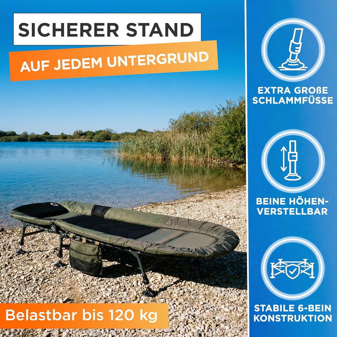 Q-Tac Karpfenliege [Stabil, Bequem & Leicht zu Reinigen] - Angelliege mit extragrossen Schlammfüssen