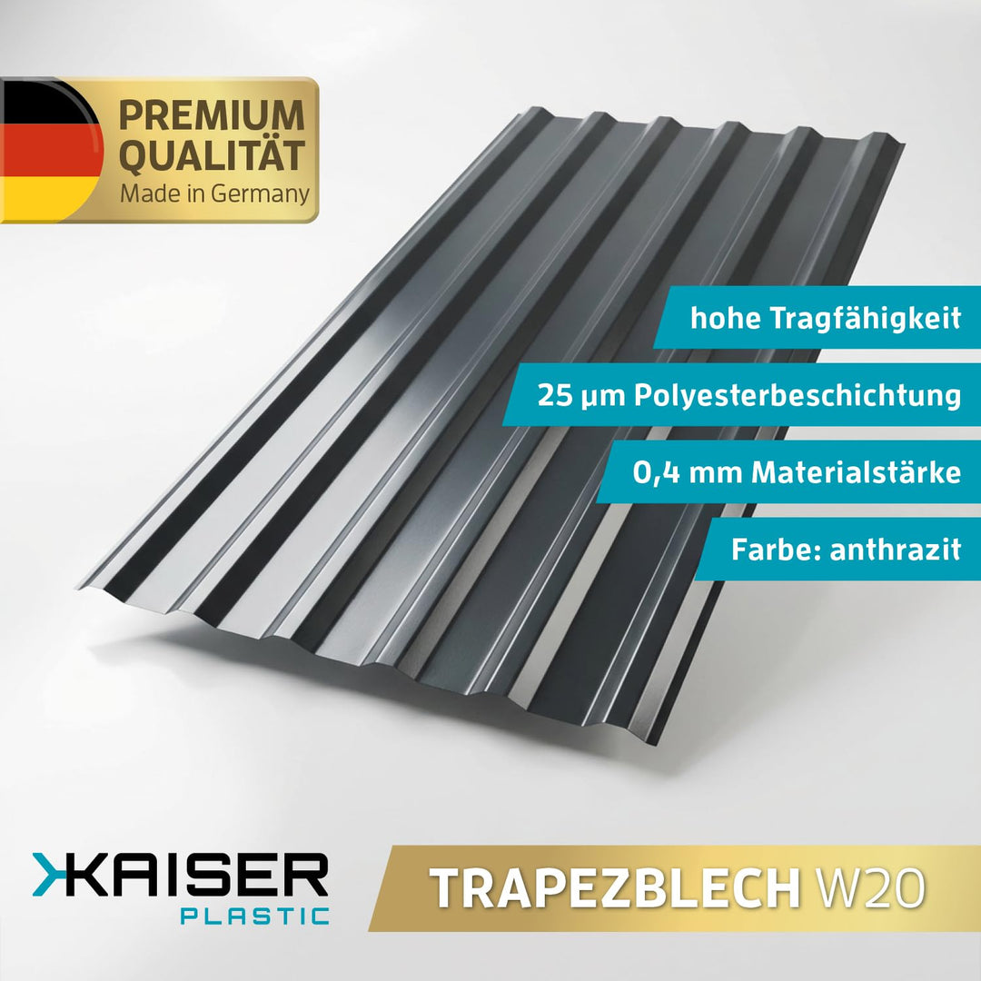 Trapezblech W20 | 0,4mm Materialstärke & 25µm Polyester-Beschichtung | Made in Germany mit Zulassung