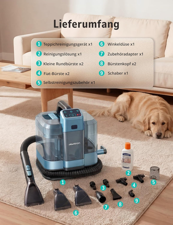 Aspiron Polsterreiniger Gerät, 3-in-1 Dampfreiniger mit Heiss-/Kaltwasser- und Dampfwäsche, 300 ML T