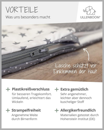 ULLENBOOM Sommerschlafsack Baby Graue Sterne (Made in EU) - Aus OEKO-TEX Materialien - 0,5 TOG, Schl