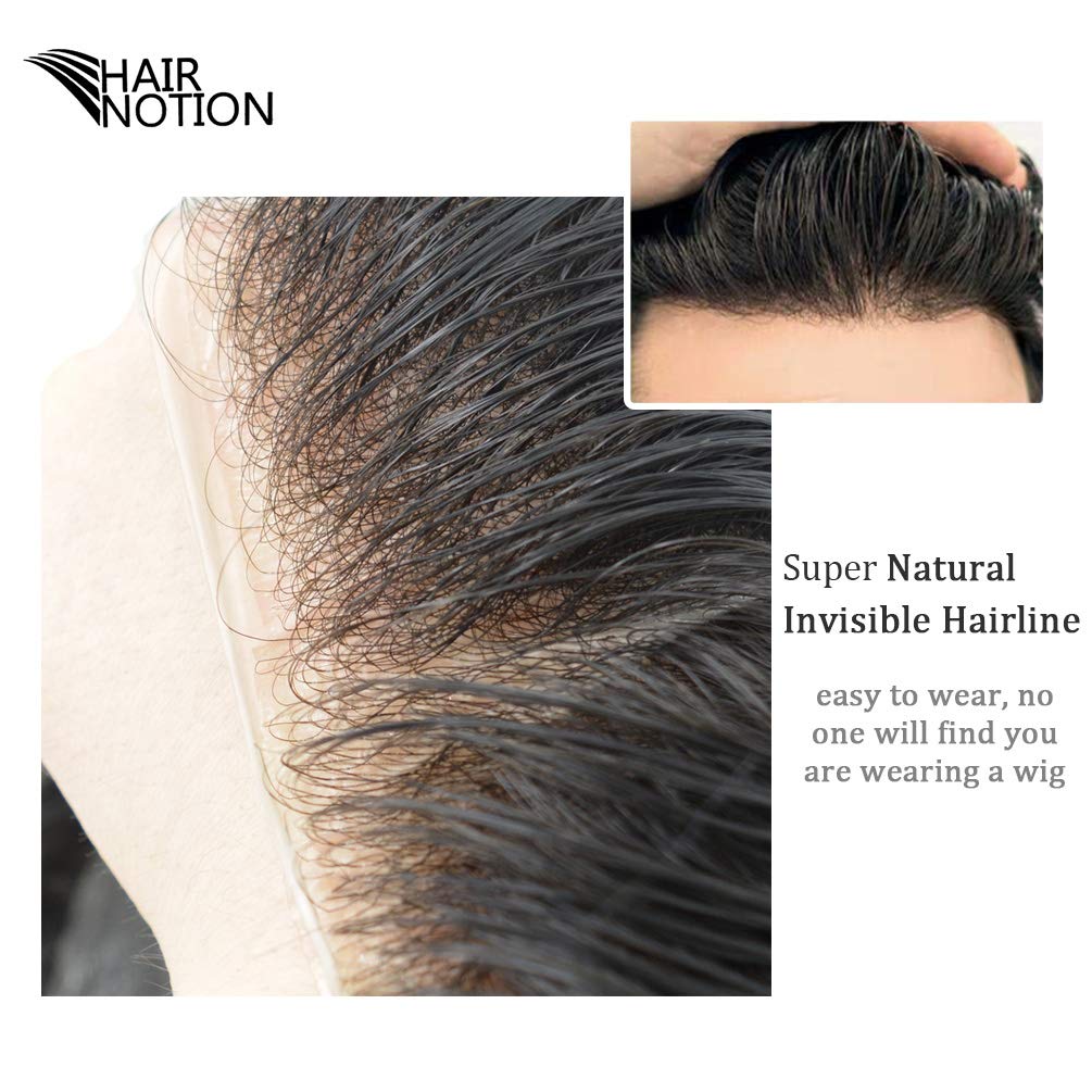 Hairnotion Maenner Haarteil Toupet Super dünne Haut Schwarz 1# Echthaar Perücke für Männer, 1#