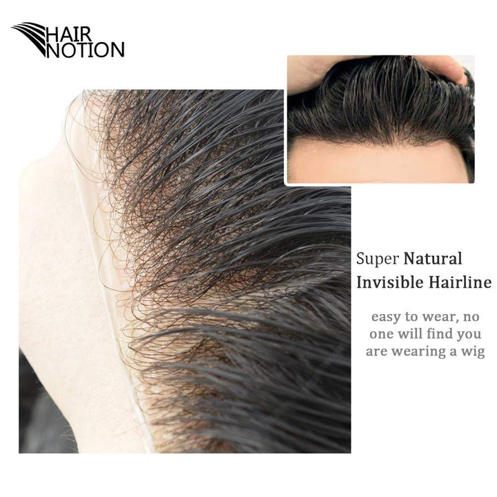 Hairnotion Maenner Haarteil Toupet Super dünne Haut Schwarz 1# Echthaar Perücke für Männer, 1#