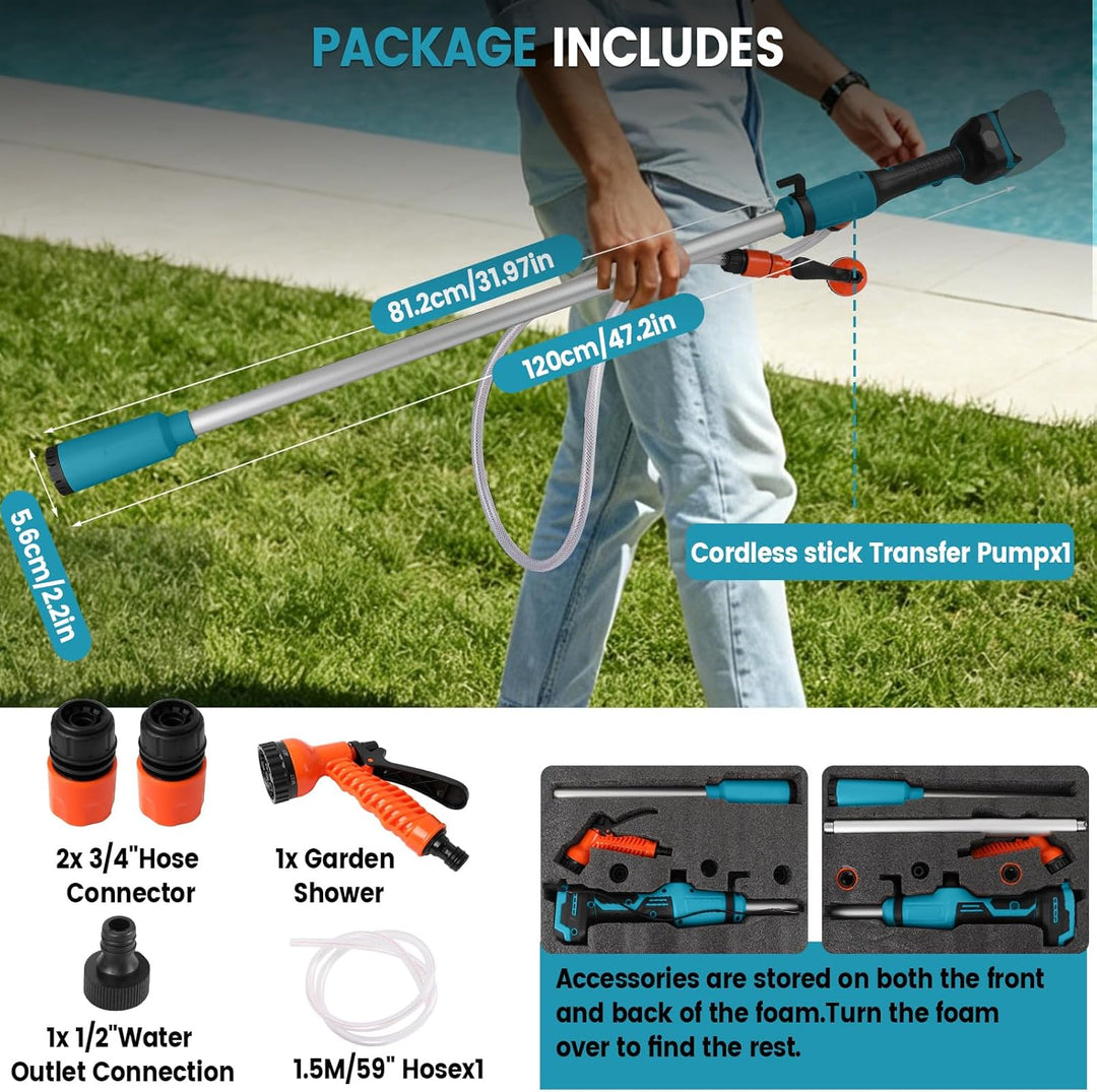 Akku-Regenfasspumpe kompatibel mit Makita 18V, Förderleistung 2736 l/h, Kabellose Stab-Transferpumpe