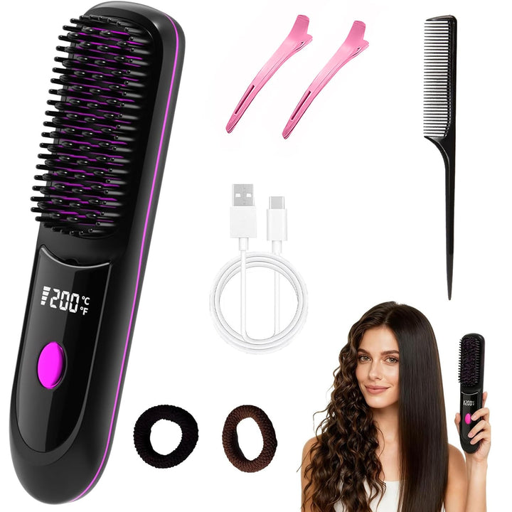 Glättbürste Kabellos, Stylingbürste für Kurze Haare, Glättbürste mit LED-Anzeige, Stylingbürste 3 Te