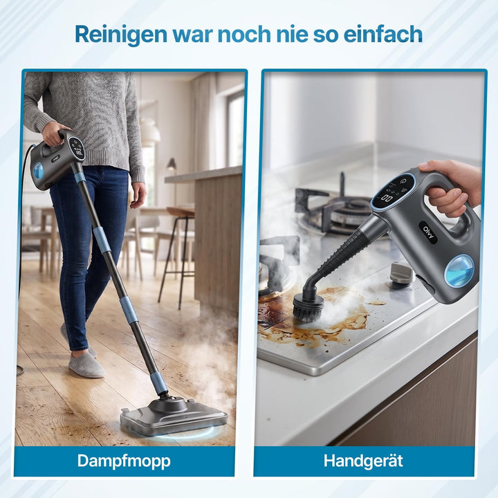 Olvy 2-in-1 Dampfbesen & Handdampfreiniger, 1200W Hochdruck Bodenreiniger für Hartböden & Teppiche,