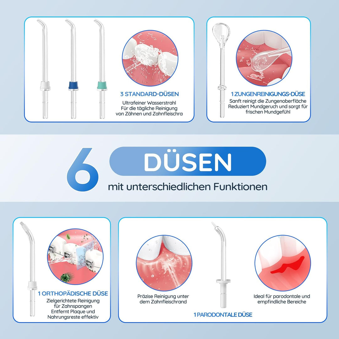 Mornwell Munddusche, Elektrische Professional Zähne mit 10 Druckstufen und 6 Düsen, 2 Modi & 600ml Z