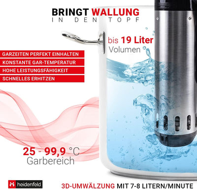 Heidenfeld Sous Vide Garer HF-SV300 - 𝟯 𝐉𝐀𝐇𝐑𝐄 𝐆𝐀𝐑𝐀𝐍𝐓𝐈𝐄 auf Sous Vide Stick - App Steuerung - 1.000 W