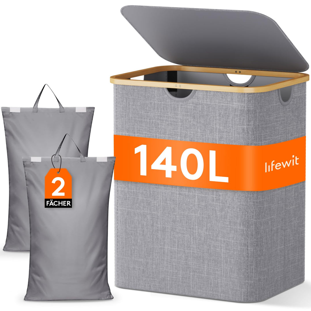 Lifewit 140L Wäschekorb mit 2 Fächern und Deckel, Hellgrau Hellgrau 140L, Hellgrau 140L