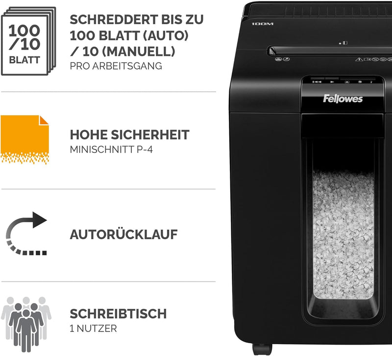 Fellowes Aktenvernichter Autofeed, 100 Blatt Minicut (P4), Papierschredder Hybrid mit automatischem