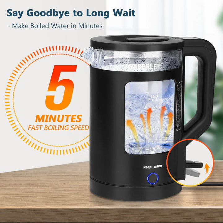 GABERLEE Wasserkocher Glas, 1,7 Liter Elektrischer Wasserkocher mit Warmhaltefunktion, LED-Beleuchtu