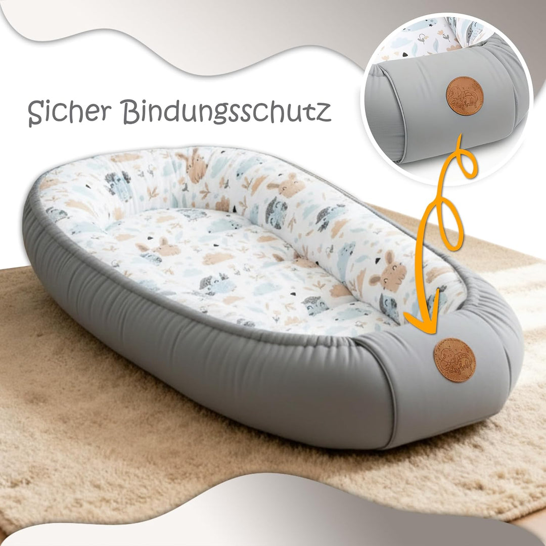 Babynest Kokon Neugeborene 90 x 50 cm - Handmade Kuschelnest Baby Nestchen aus Baumwolle Eulen Hellg