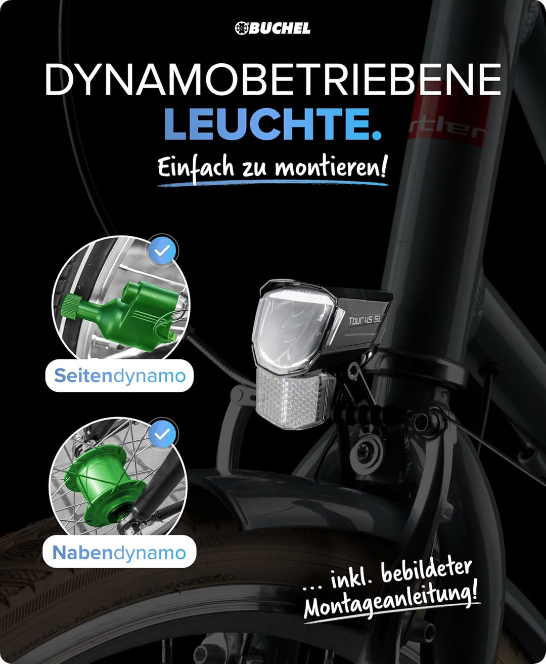 BÜCHEL Tour Dynamo Lampe mit Standlicht und StVZO Zulassung I 45 LUX Fahrradlampe vorne, LED Standli
