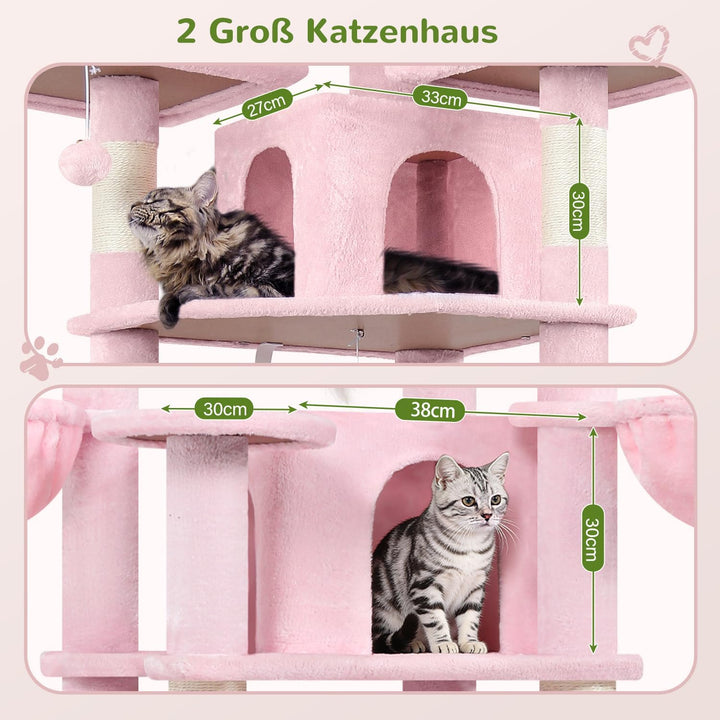 Globlazer Kratzbaum Rosa Stabil 174 cm mit 3 Gepolsterte Sitzstangen, 2 Katzenhaus, 2 Korb, Abnehmba