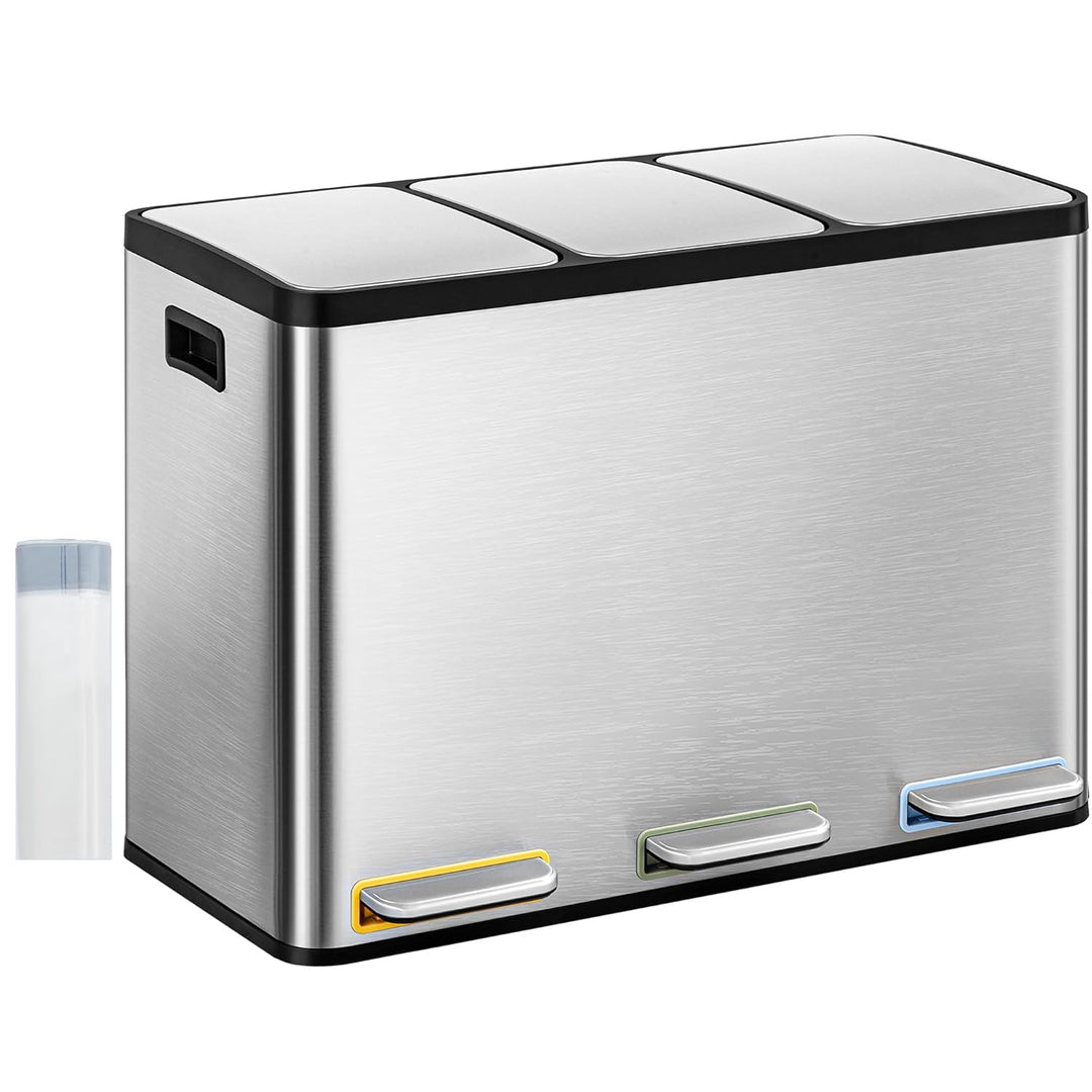 Hzuaneri Mülleimer Küche, Mülltrennsystem 3 Fächer 45L (3 x 15 L), Edelstahl-küchenmülleimer, Tretmü